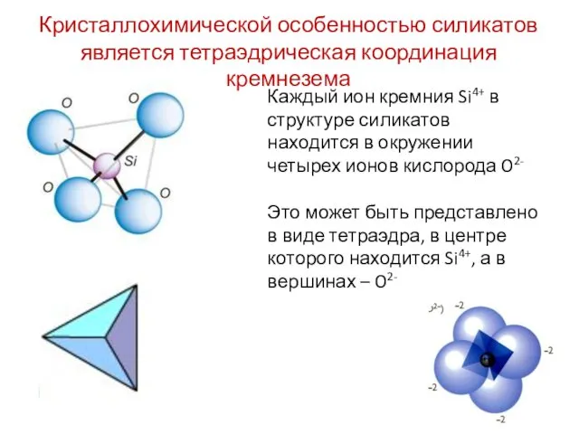 Кристаллохимической особенностью силикатов является тетраэдрическая координация кремнезема Каждый ион кремния