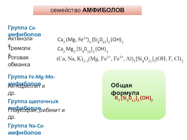 семейство АМФИБОЛОВ Группа Ca-амфиболов Тремолит Актинолит Роговая обманка Ca2 (Mg,