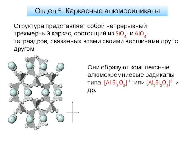 Отдел 5. Каркасные алюмосиликаты Структура представляет собой непрерывный трехмерный каркас,