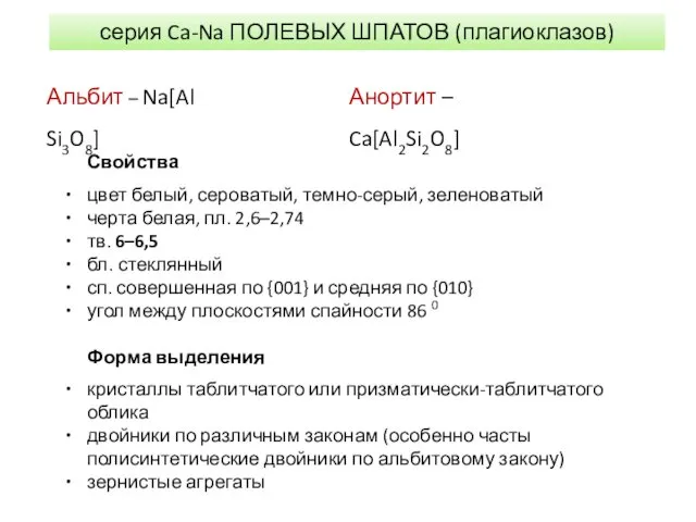 серия Ca-Na ПОЛЕВЫХ ШПАТОВ (плагиоклазов) Альбит – Na[Al Si3O8] Анортит