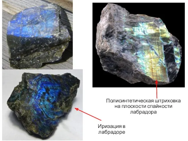 Полисинтетическая штриховка на плоскости спайности лабрадора Иризация в лабрадоре