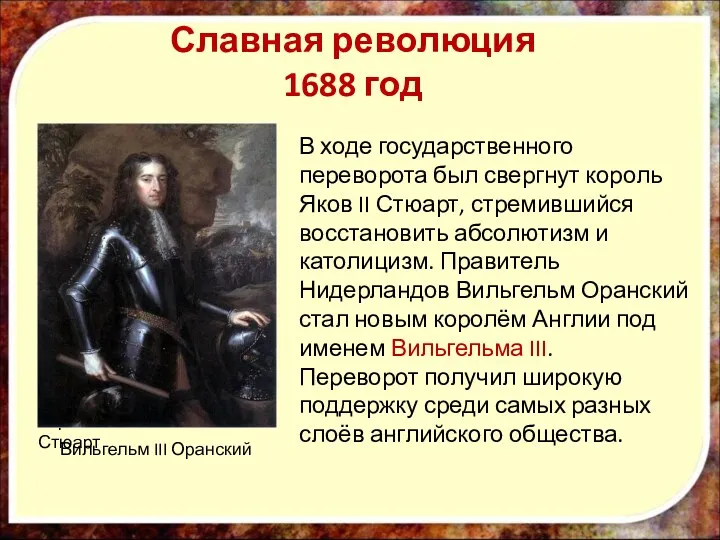 Славная революция 1688 год Король Яков II Стюарт В ходе