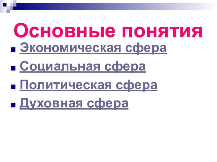 Основные понятия Экономическая сфера Социальная сфера Политическая сфера Духовная сфера