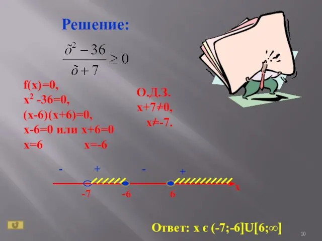 Решение: Ответ: х є (-7;-6]U[6;∞] f(x)=0, х2 -36=0, (х-6)(х+6)=0, х-6=0