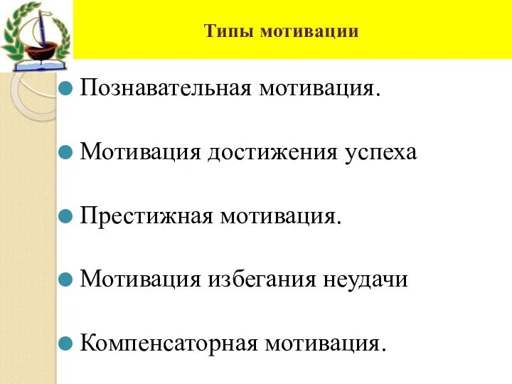 Типы мотивации Познавательная мотивация. Мотивация достижения успеха Престижная мотивация. Мотивация избегания неудачи Компенсаторная мотивация.