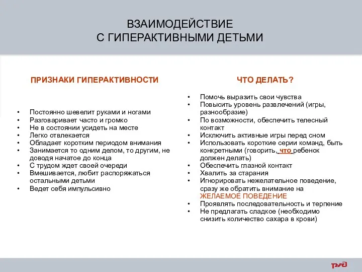 ВЗАИМОДЕЙСТВИЕ С ГИПЕРАКТИВНЫМИ ДЕТЬМИ ПРИЗНАКИ ГИПЕРАКТИВНОСТИ Постоянно шевелит руками и