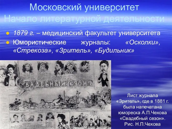 Московский университет Начало литературной деятельности 1879 г. – медицинский факультет