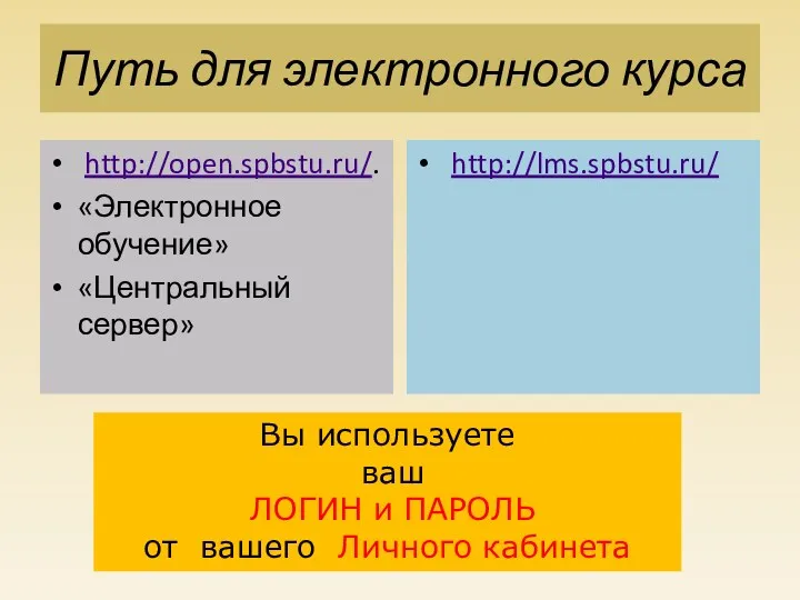 Путь для электронного курса http://open.spbstu.ru/. «Электронное обучение» «Центральный сервер» http://lms.spbstu.ru/