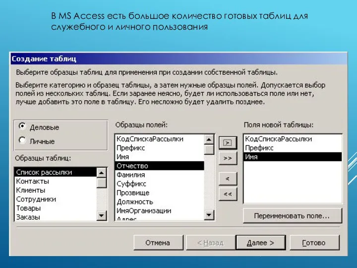 В MS Access есть большое количество готовых таблиц для служебного и личного пользования