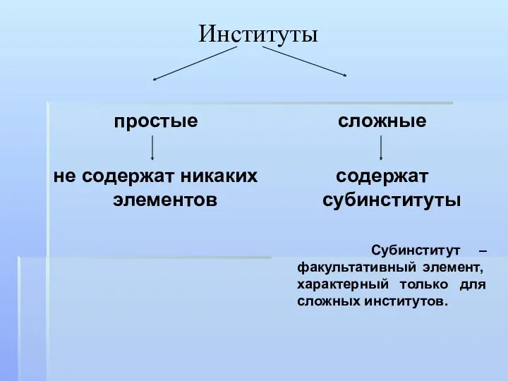 Институты простые не содержат никаких элементов сложные содержат субинституты Субинститут