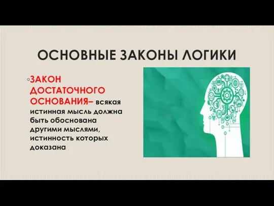 ОСНОВНЫЕ ЗАКОНЫ ЛОГИКИ ЗАКОН ДОСТАТОЧНОГО ОСНОВАНИЯ– всякая истинная мысль должна