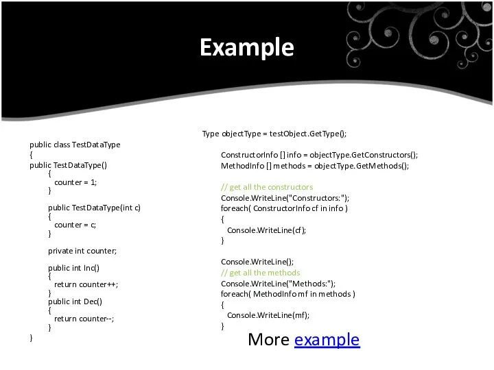 Example public class TestDataType { public TestDataType() { counter =