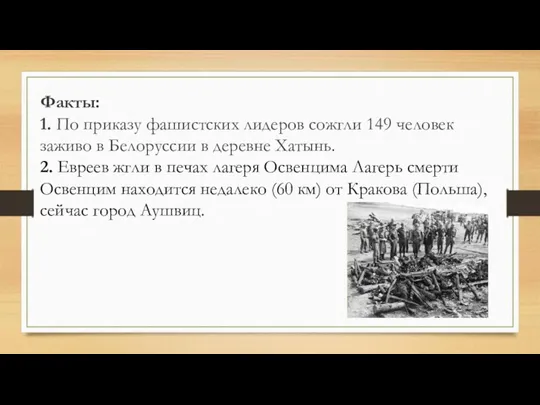 Факты: 1. По приказу фашистских лидеров сожгли 149 человек заживо