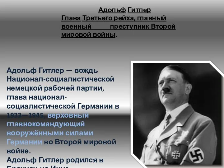 Адольф Гитлер Глава Третьего рейха, главный военный преступник Второй мировой
