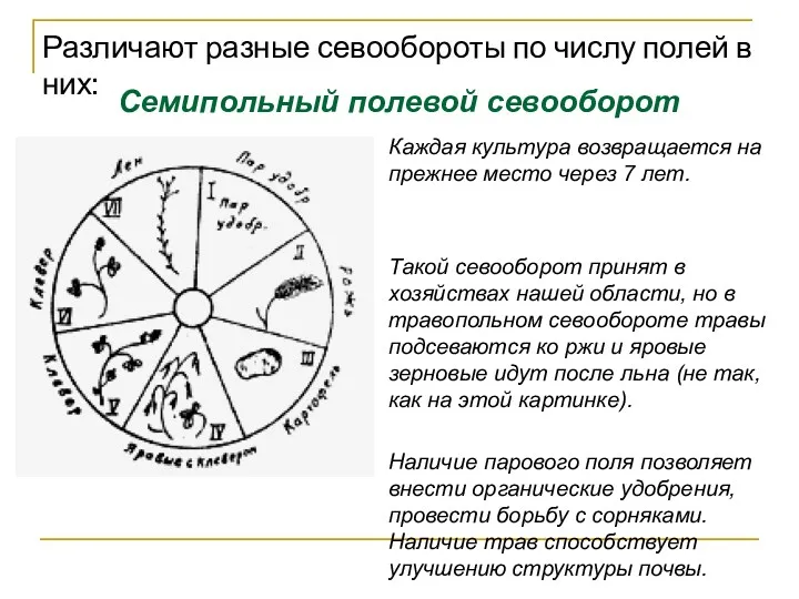 Различают разные севообороты по числу полей в них: Семипольный полевой