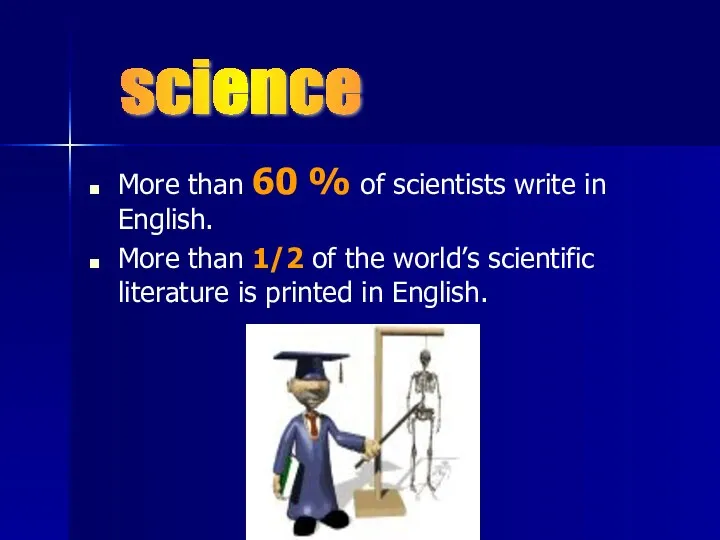 More than 60 % of scientists write in English. More than 1/2 of
