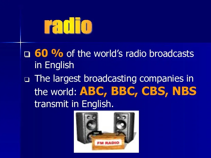 60 % of the world’s radio broadcasts in English The largest broadcasting companies