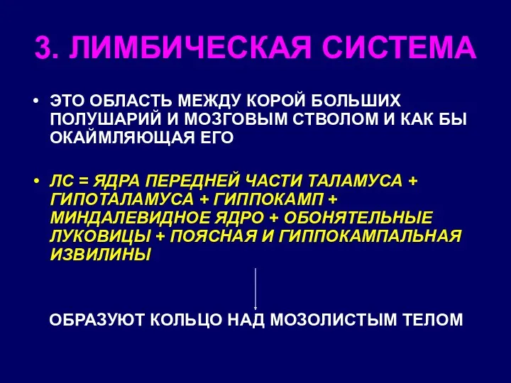 3. ЛИМБИЧЕСКАЯ СИСТЕМА ЭТО ОБЛАСТЬ МЕЖДУ КОРОЙ БОЛЬШИХ ПОЛУШАРИЙ И МОЗГОВЫМ СТВОЛОМ И