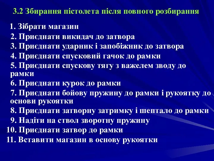 3.2 Збирання пістолета після повного розбирання 1. Зібрати магазин 2.