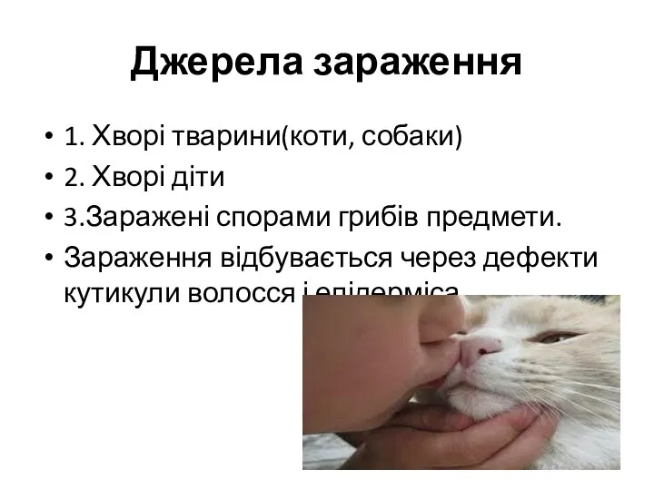Джерела зараження 1. Хворі тварини(коти, собаки) 2. Хворі діти 3.Заражені