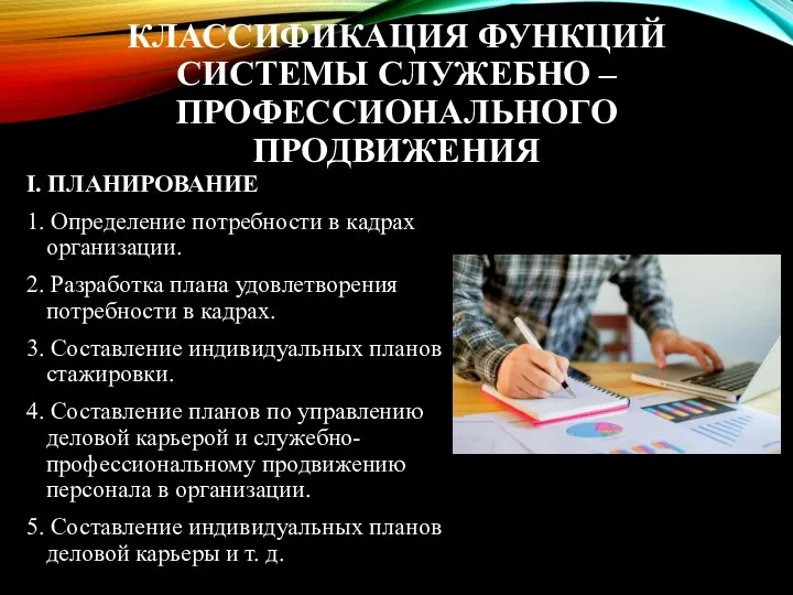 КЛАССИФИКАЦИЯ ФУНКЦИЙ СИСТЕМЫ СЛУЖЕБНО – ПРОФЕССИОНАЛЬНОГО ПРОДВИЖЕНИЯ I. ПЛАНИРОВАНИЕ 1.