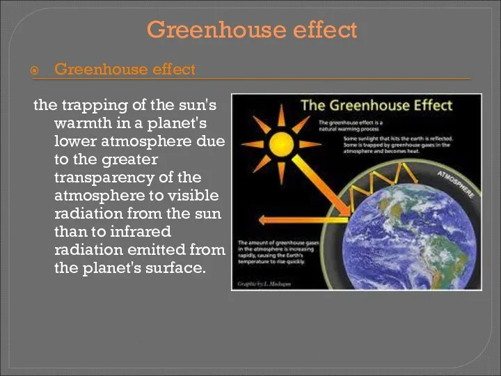 Greenhouse effect Greenhouse effect the trapping of the sun's warmth