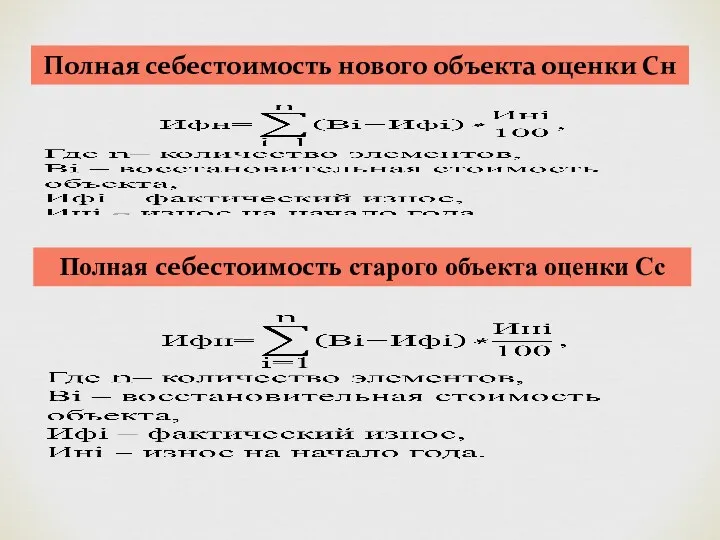 Полная себестоимость нового объекта оценки Сн Полная себестоимость старого объекта оценки Сс