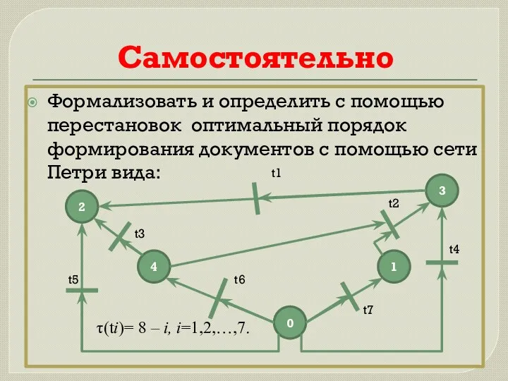 Самостоятельно Формализовать и определить с помощью перестановок оптимальный порядок формирования