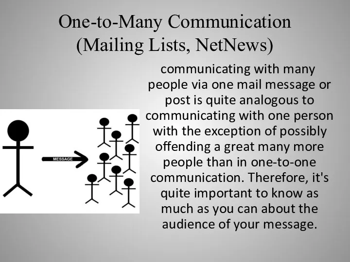 One-to-Many Communication (Mailing Lists, NetNews) communicating with many people via