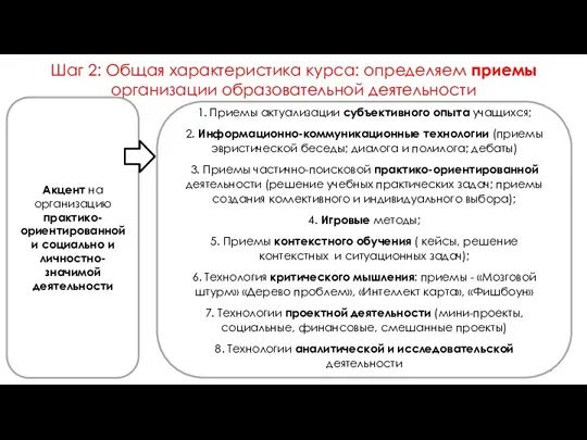 Шаг 2: Общая характеристика курса: определяем приемы организации образовательной деятельности