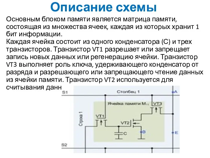 Описание схемы Основным блоком памяти является матрица памяти, состоящая из