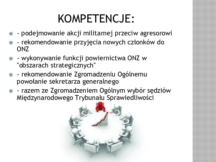 KOMPETENCJE: - podejmowanie akcji militarnej przeciw agresorowi - rekomendowanie przyjęcia