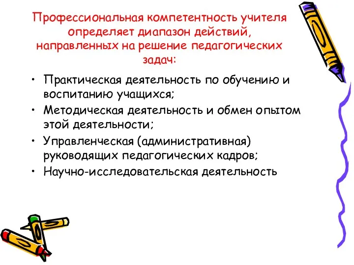 Профессиональная компетентность учителя определяет диапазон действий, направленных на решение педагогических