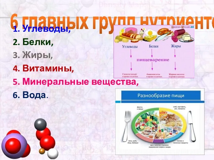 6 главных групп нутриентов 1. Углеводы, 2. Белки, 3. Жиры,