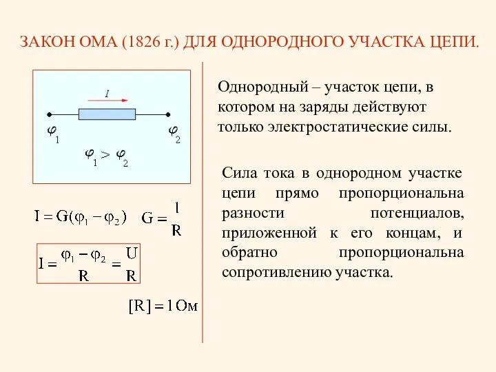 ЗАКОН ОМА (1826 г.) ДЛЯ ОДНОРОДНОГО УЧАСТКА ЦЕПИ. Однородный –