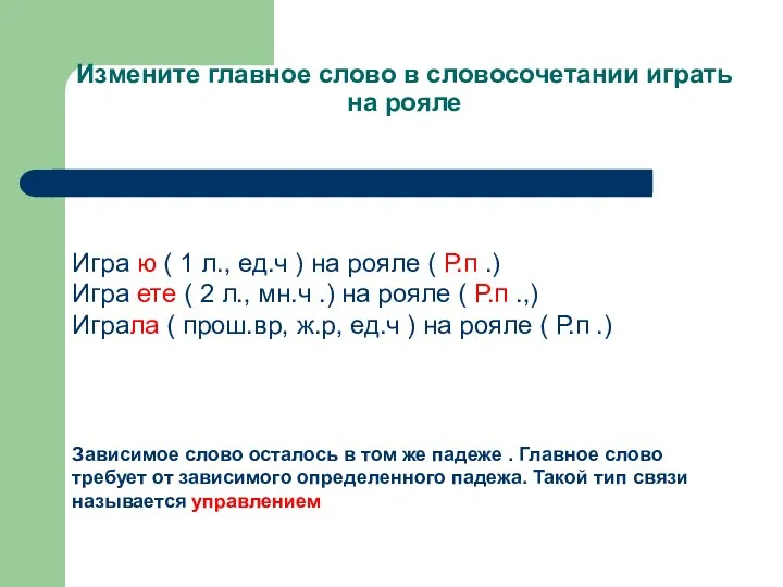 Измените главное слово в словосочетании играть на рояле Игра ю