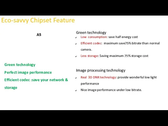 A5 Eco-savvy Chipset Feature Green technology Low consumption: save half