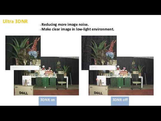 Reducing more image noise. Make clear image in low-light environment. 3DNR on 3DNR off Ultra 3DNR