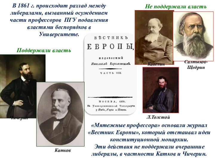 «Мятежные профессора» основали журнал «Вестник Европы», который отстаивал идеи конституционной