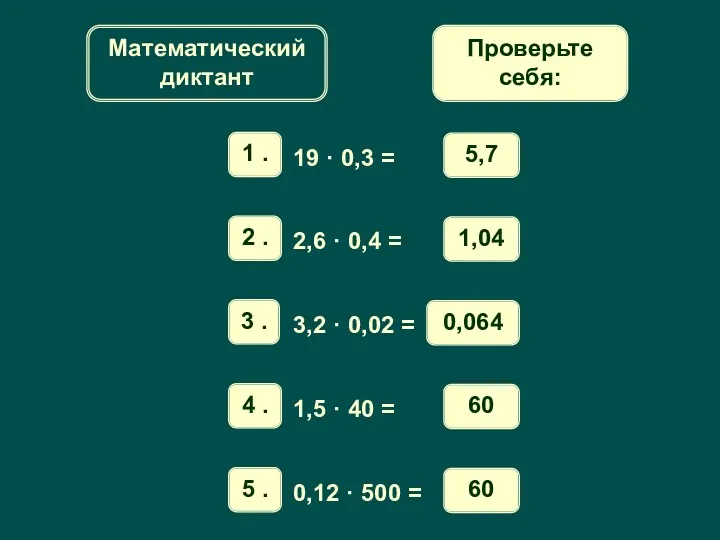 Математический диктант Проверьте себя: 5,7 1,04 0,064 60 60