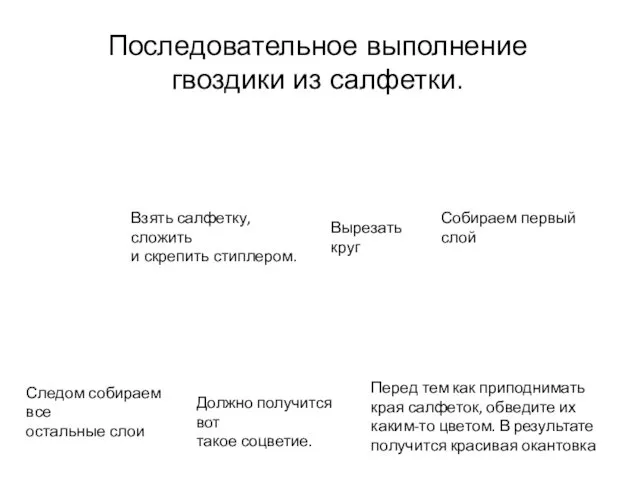 Последовательное выполнение гвоздики из салфетки. Взять салфетку, сложить и скрепить стиплером. Вырезать круг