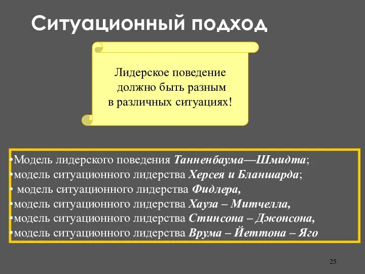 Ситуационный подход Лидерское поведение должно быть разным в различных ситуациях!