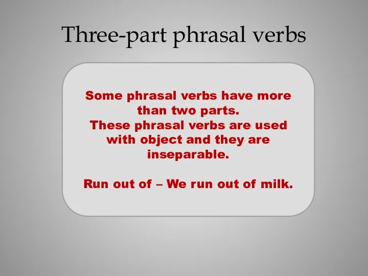 Three-part phrasal verbs Some phrasal verbs have more than two parts. These phrasal