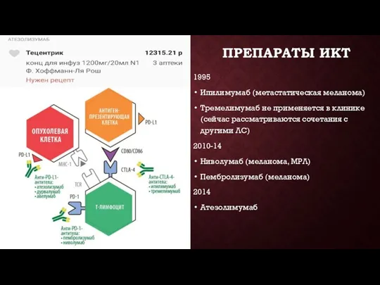 ПРЕПАРАТЫ ИКТ 1995 Ипилимумаб (метастатическая меланома) Тремелимумаб не применяется в