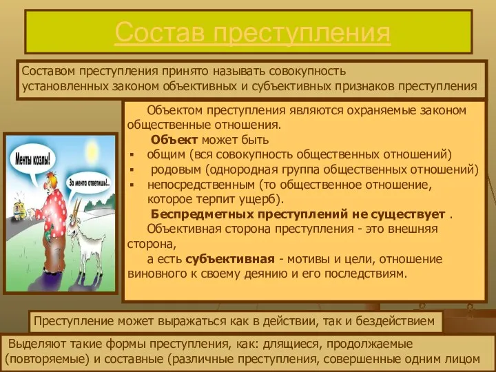 Состав преступления Составом преступления принято называть совокупность установленных законом объективных