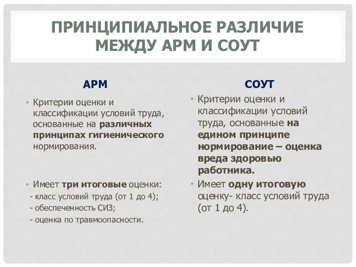 ПРИНЦИПИАЛЬНОЕ РАЗЛИЧИЕ МЕЖДУ АРМ И СОУТ АРМ Критерии оценки и