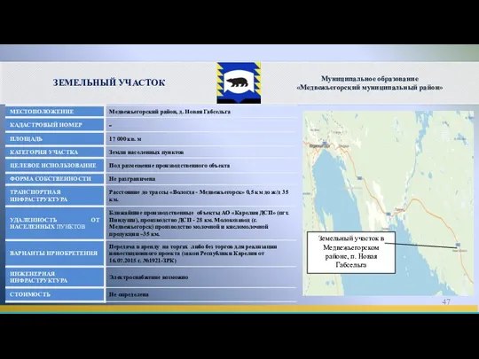 ЗЕМЕЛЬНЫЙ УЧАСТОК Земельный участок в Медвежьегорском районе, п. Новая Габсельга Муниципальное образование «Медвежьегорский муниципальный район»