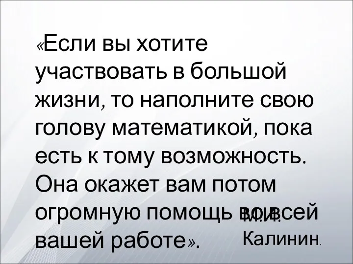 «Если вы хотите участвовать в большой жизни, то наполните свою голову математикой, пока