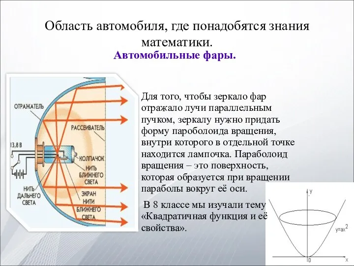 Область автомобиля, где понадобятся знания математики. Автомобильные фары. Для того,