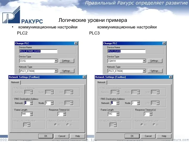 Логические уровни примера коммуникационные настройки коммуникационные настройки PLC2 PLC3